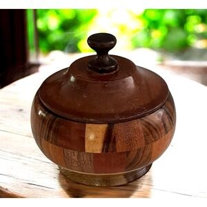 Vtg Nicaragua Mixed Wood Sugar Bowl with Tight Lid Handmade 3" x 3.75"